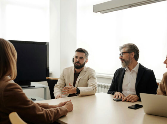 Workers having a discussion in a meeting